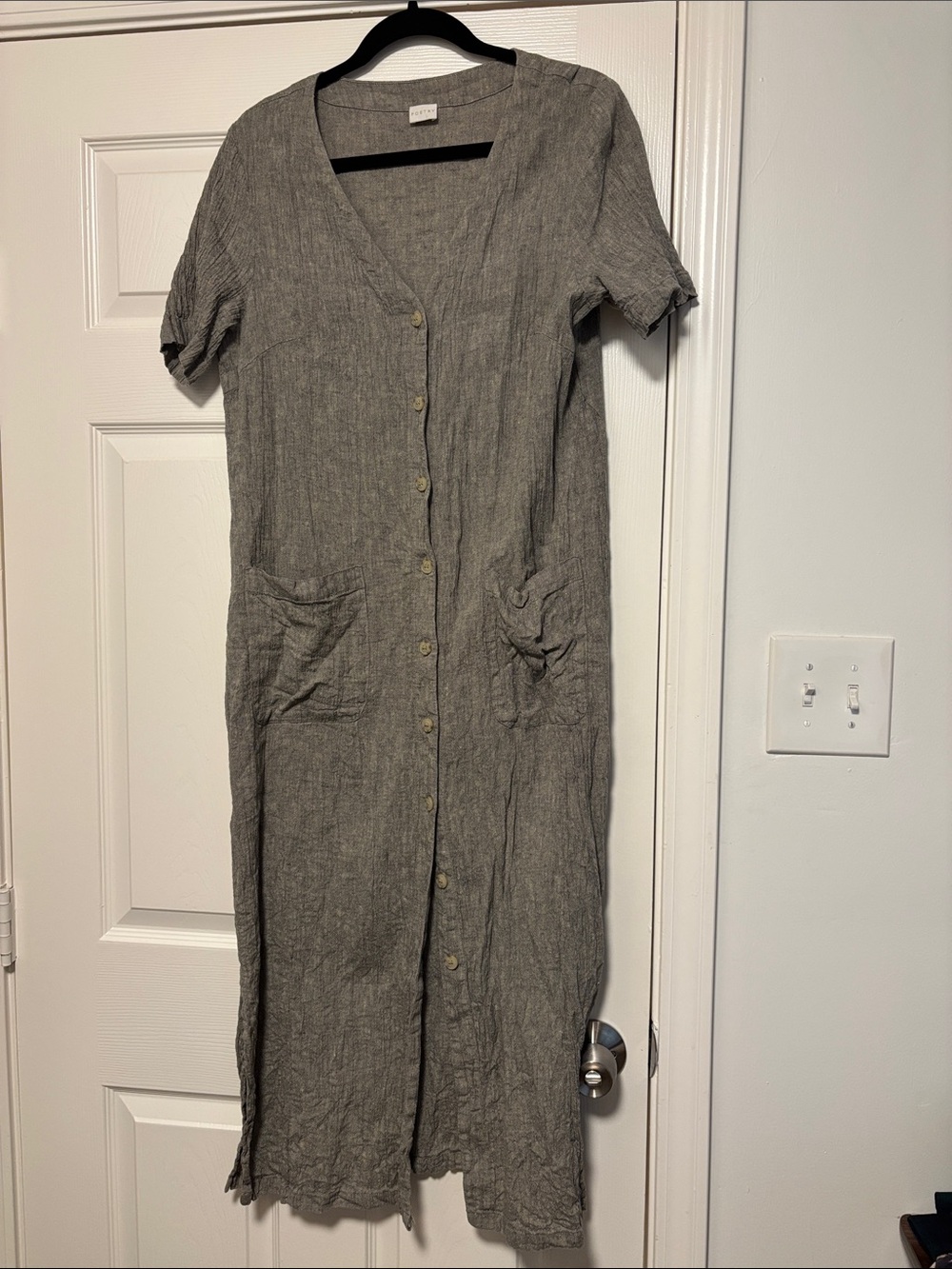 Poetry Gray Button-Front Midi Linen Dress